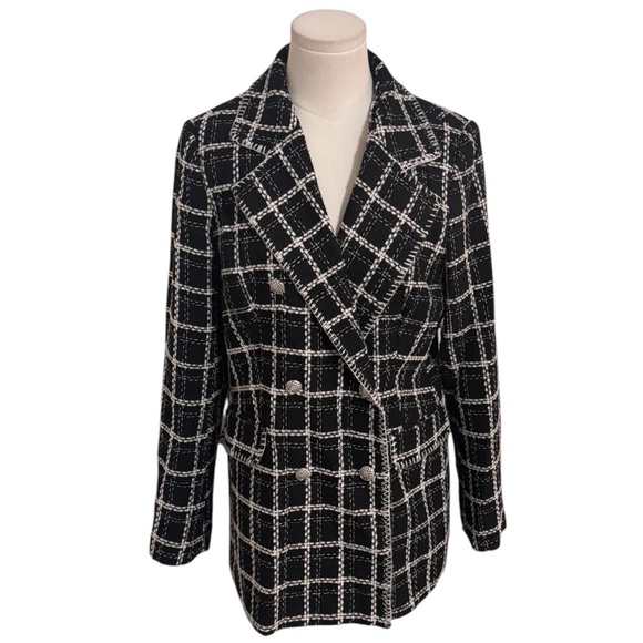 Rachel Zoe Jackets & Blazers - RACHEL ZOE Black‎ White Plaid Jacket Silver Buttons Work Party Preppy Size M